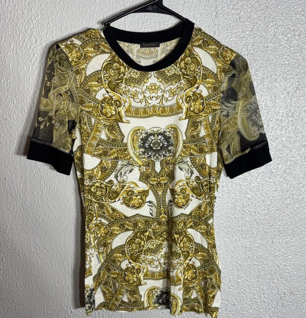 Versace Gold/White/Black Baroque Logo Knit Cotton Crew Neck T-Shirt Size 38